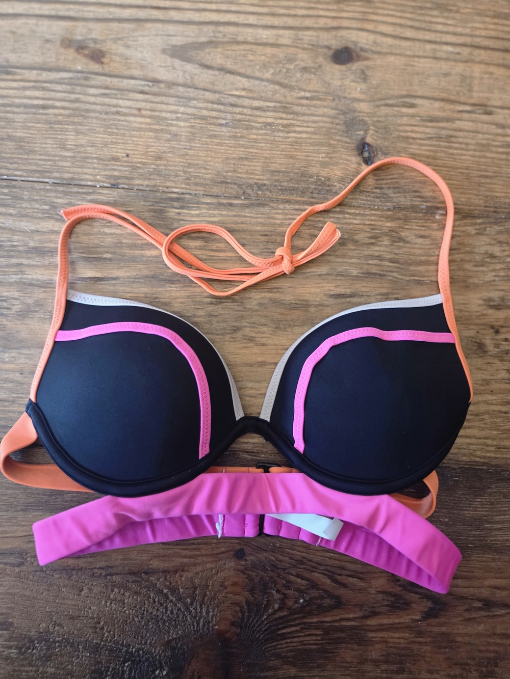 Victoria's Secret Black Bikini Top with Pink and Orange Trim